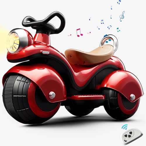 RIDEONMOP 6V7AH Kinder Motorrad, 3-Rad-Elektro-Ride-On-Auto mit Reverse, Batterie-Power-Motorrad mit 380 High-Speed-Motor, Musik, Pedal, verschleißfeste Reifen, USB-Schnittstelle, Bunte Lichter,Rot von RIDEONMOP