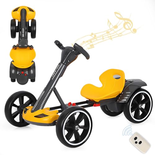 RIDEONMOP Elektrische Go-Kart für Kinder 3+, 12 V Faltbare Go-Cart mit Reversing Modell, Pedal Go-Kart mit verstellbaren Sitz & Musik/Lichter, 5 MPH Speed Drift Go Cart für Indoor Outdoor,Gelb von RIDEONMOP