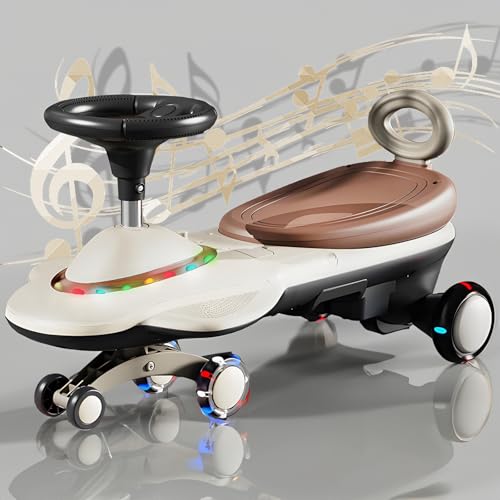 RIDEONMOP Elektrisches Wiggle Car Dual Drive, 6V Elektro Wiggle Car, Wiggle Car Ride on Spielzeug mit Musik, Anti-Rollover, blinkende Räder, wiederaufladbare Batterie, Coole Lichter,Beige von RIDEONMOP