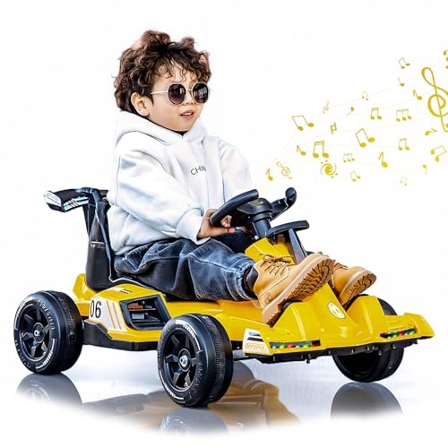 RIDEONMOP Go Kart für Kinder, 6V/12V Drift Cart Kart mit 380W leistungsstarken Motoren für Jungen und Mädchen Pedal Ride-On Spielzeug mit Musik, Lichtern, Gas- und Bremspedalen,Gelb,12v von RIDEONMOP