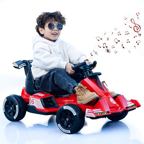 RIDEONMOP Go Kart für Kinder, 6V/12V Drift Cart Kart mit 380W leistungsstarken Motoren für Jungen und Mädchen Pedal Ride-On Spielzeug mit Musik, Lichtern, Gas- und Bremspedalen,Rot,12v von RIDEONMOP