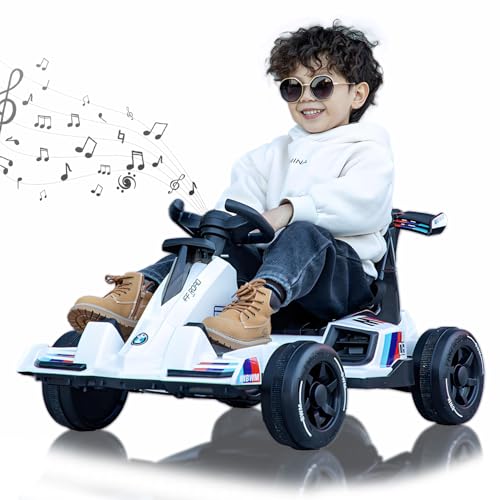 RIDEONMOP Go Kart für Kinder, 6V/12V Drift Cart Kart mit 380W leistungsstarken Motoren für Jungen und Mädchen Pedal Ride-On Spielzeug mit Musik, Lichtern, Gas- und Bremspedalen,Weiß,12v von RIDEONMOP