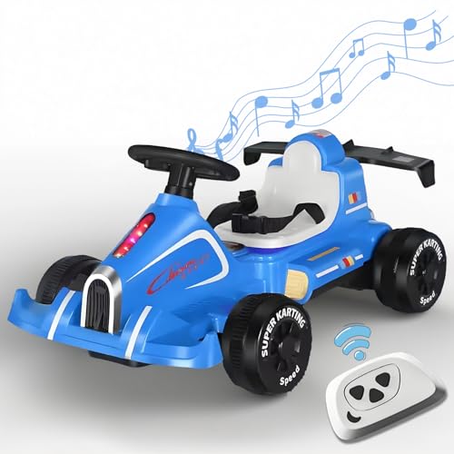 RIDEONMOP Go Kart für Kinder, 6V 4.5Ah Batterie und 380W Motoren, Fahrspielzeug mit Fernbedienung, Musik, Lichtern, USB Port Drift Cart Handling für Jungen und Mädchen,Blau von RIDEONMOP