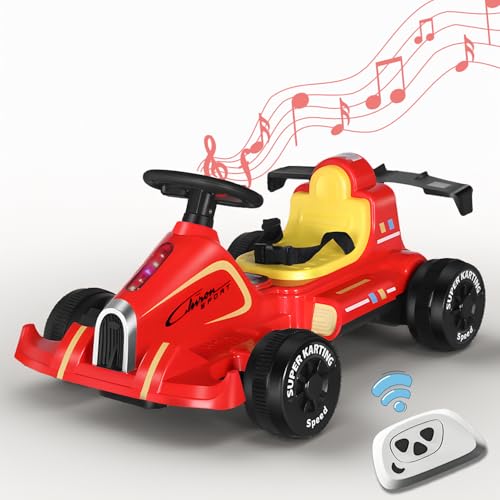 RIDEONMOP Go Kart für Kinder, 6V 4.5Ah Batterie und 380W Motoren, Fahrspielzeug mit Fernbedienung, Musik, Lichtern, USB Port Drift Cart Handling für Jungen und Mädchen,Rot von RIDEONMOP