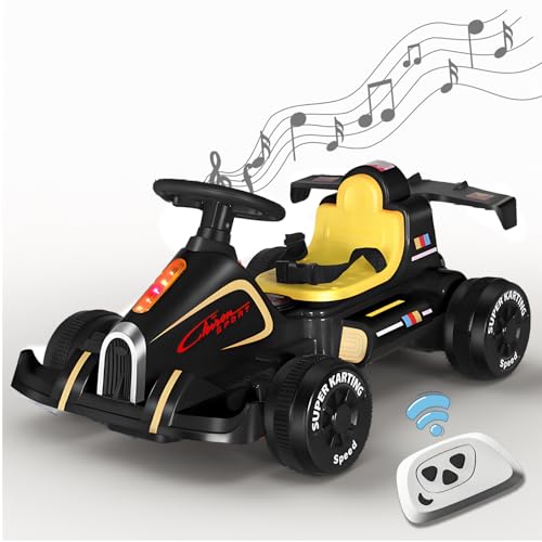 RIDEONMOP Go Kart für Kinder, 6V 4.5Ah Batterie und 380W Motoren, Fahrspielzeug mit Fernbedienung, Musik, Lichtern, USB Port Drift Cart Handling für Jungen und Mädchen,Schwarz von RIDEONMOP