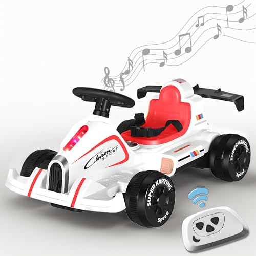 RIDEONMOP Go Kart für Kinder, 6V 4.5Ah Batterie und 380W Motoren, Fahrspielzeug mit Fernbedienung, Musik, Lichtern, USB Port Drift Cart Handling für Jungen und Mädchen,Weiß von RIDEONMOP