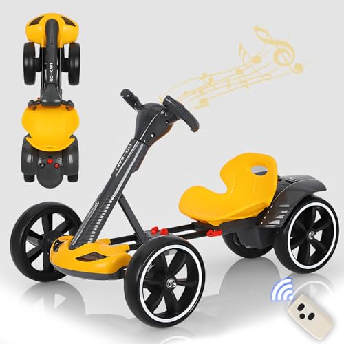 RIDEONMOP Go Kart für Kinder 3-12, faltbares Go Cart mit Rückwärtsgang Modell, Pedal Go-Kart mit verstellbarem Sitz & Musik & Lichter, 5 MPH Geschwindigkeit Drift Go Cart für Outdoor Indoor,Gelb,6V von RIDEONMOP