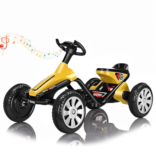 RIDEONMOP Pedal Go Kart für Kinder, pedalbetriebenes Go Kart mit Musik, Tragegewicht bis zu 80 kg Tretkart, Indoor & Outdoor Racer Ride On Pedal Car für Junge Mädchen,Gelb von RIDEONMOP