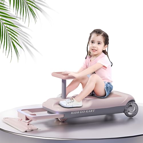 RIDEONMOP Reinigung von Go Kart mit kühlen Lichtern, Ride On Mop Bodenreiniger Go Carts, Tragbares Mini Go Kart Einziehbare Reinigung Wischkart für Kinder,Rosa von RIDEONMOP