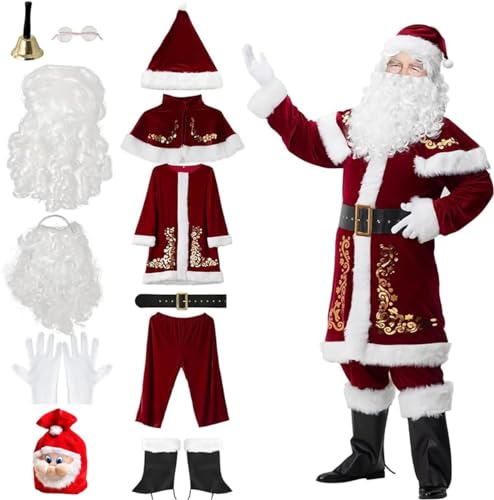 RIKCAT Weihnachtsmann-Kostüm in Übergröße, Weihnachten, 12-teilig, Deluxe-Samt-Weihnachtsmann-Anzug für Erwachsene, Teenager-Kostüm für Damen und Herren A,2XL. von RIKCAT