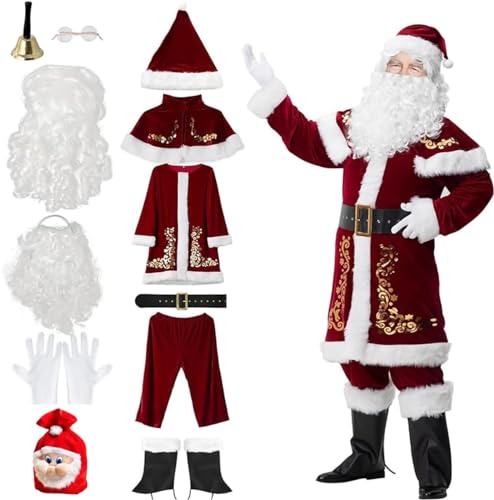 RIKCAT Weihnachtsmann-Kostüm in Übergröße, Weihnachten, 12-teilig, Deluxe-Samt-Weihnachtsmann-Anzug für Erwachsene, Teenager-Kostüm für Damen und Herren B,3XL. von RIKCAT