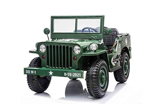 RIRICAR Elektrischer Aufsitz USA ARMY-Auto 4X4, grün, dreisitzig, MP3-Player mit USB/SD-Eingang, LED-Leuchten, zusammenklappbare Windschutzscheibe, 12V14AH-Batterie, Eva-Räder von RIRICAR