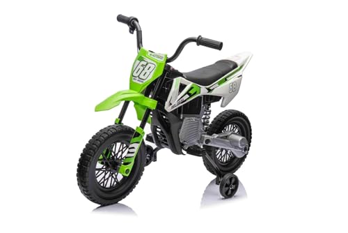 Elektrisches Motocross für Kinder, 12 V, Grün, weiche Räder aus EVA, Sitz aus Leder, Motor 2 x 25 W, Rahmen aus Metall, MP3-Player mit Bluetooth, Hilfsräder von RIRICAR