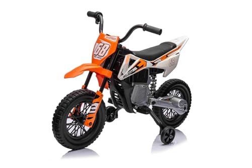 Elektrisches Motocross für Kinder, 12 V, Orange, weiche Räder aus EVA, Sitz aus Leder, Motor 2 x 25 W, Rahmen aus Metall, MP3-Player mit Bluetooth, Hilfsräder von RIRICAR