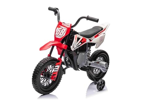 Elektrisches Motocross für Kinder, 12 V, rot, weiche Räder aus EVA, Sitz aus Leder, Motor 2 x 25 W, Rahmen aus Metall, MP3-Player mit Bluetooth, Hilfsräder von RIRICAR