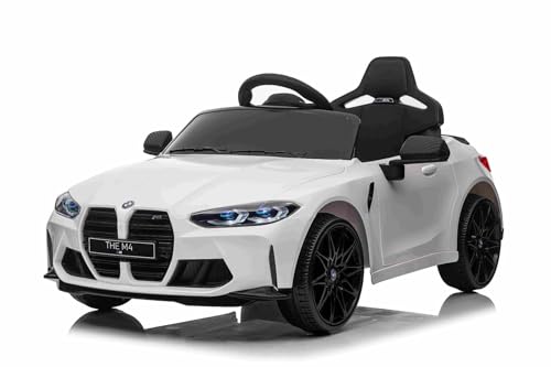 Elektro Kinderauto BMW M4, weiß, 2,4-GHz-Fernbedienung, USB-/Aux-Eingang, Federung, 12-V-Batterie, LED-Leuchten, 2 x Motor, ORIGINAL-Lizenz von RIRICAR