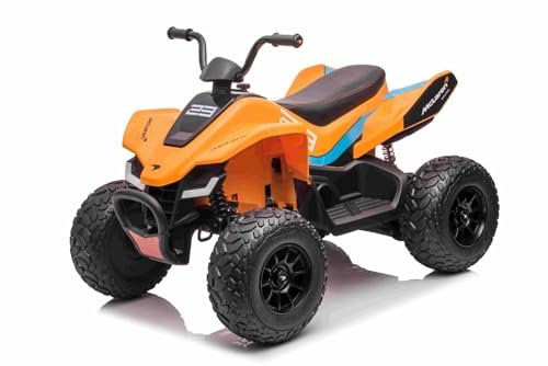 Lizenziertes elektrisches Aufsitz-Quad McLaren Racing MCL 12V 4X4, Orange, weiche Eva-Räder, Fernbedienung, Kunstledersitz, Hinterradaufhängung, 4 x 35 W Motor, LED-Leuchten, 12 V 10 Ah Batterie von RIRICAR