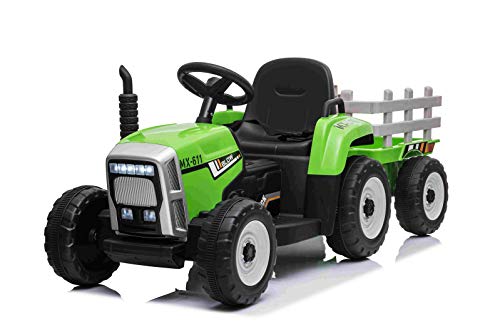 RIRICAR Elektrischer Traktor Workers mit Anhänger, Grün, Hinterradantrieb, 12-V-Batterie, Rädern, breitem Sitz, 2,4-GHz-Fernbedienung, MP3-Player mit Bluetooth und SD-Eingang, LED-Leuchten von RIRICAR