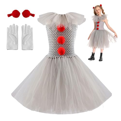 Pennywise Kostüm Kinder Mädchen,Halloween Kostüm Kinder Horror Clown Mädchen,Horror Clown Kostüm Kinder Mit Handschuhen Und Roter Haarnadel Für Cosplay Outfits, Requisiten,Karneval,Halloween von RIRIDAMAI