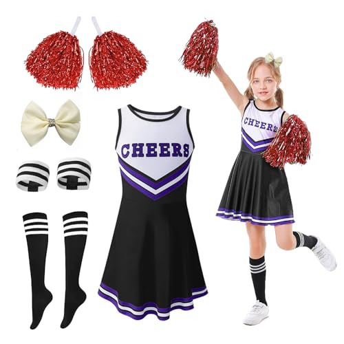 RIRIDAMAI Cheerleader Kostüm Kinder Mädchen, Cheerleader Outfit Kinder 140cm, Cheerleading Kostüm Mit Pompons, Socken, Handgelenkbandage und Haarzubehör, für Karneval Halloween, Fasching, Mottoparty von RIRIDAMAI