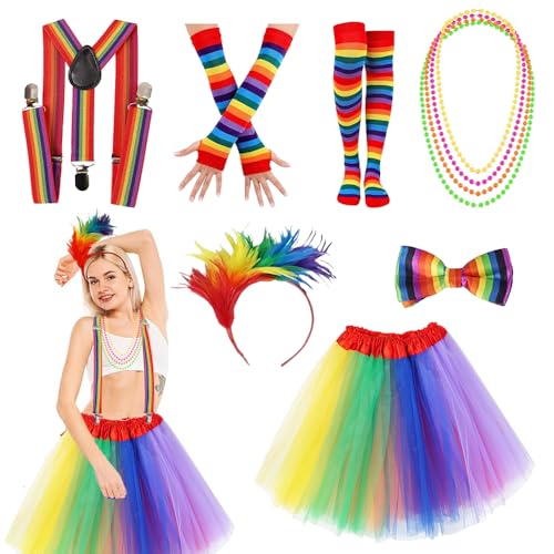 RIRIDAMAI Regenbogen Kostüm Erwachsene,Bunter Tüllrock Damen,Tütü Damen Bunt Mit Bunte Feder Stirnband,Regenbogen Kniestrümpfe,Fingerlose Handschuhe,für Karneval,Halloween,Fasching,Mottoparty von RIRIDAMAI