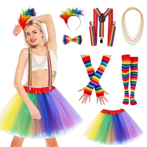 RIRIDAMAI Regenbogen Kostüm Erwachsene,Bunter Tüllrock Damen,Tütü Damen Bunt Mit Bunte Feder Stirnband,Regenbogen Kniestrümpfe,Fingerlose Handschuhe,für Karneval,Halloween,Fasching,Mottoparty von RIRIDAMAI