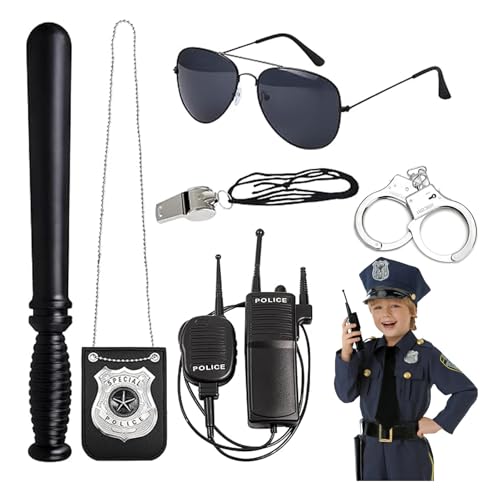 RISAKOGO Handschellen Kinder Polizei Set,6 Stücke Polizei Kostüm Kinder Zubehör Ausrüstung mit Party-Brille, Handschellen und Abzeichen für Kommissar, Karneval, Mottoparty Cosplay Polizei Herren Damen von RISAKOGO