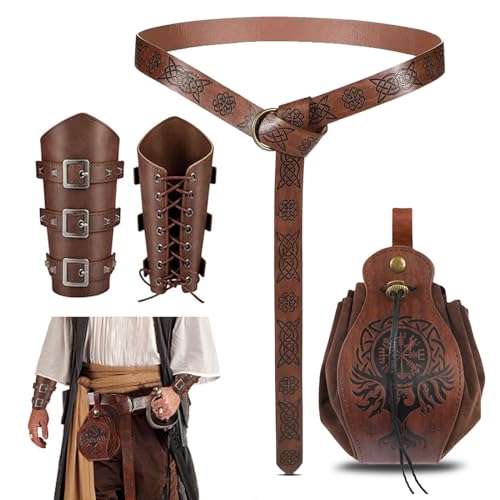 RISAKOGO Mittelalter Kleidung für Damen Herren Accessoires Set, Mittelalter GüRtel,Mittelalter Armschienen,Kunstleder Gürtelbeutel für Wikinger Piraten Hexe Ritter Renaissance Kostüm von RISAKOGO