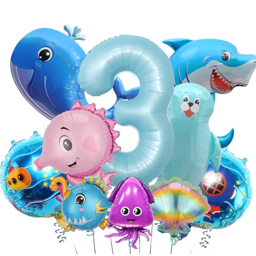 11 Stück Meerestier-Luftballons Unterwasserwelt Kindergeburtstag Ozean Tiere Geburtstagsfeier Dekoration Zubehör 3 Jahre Geburtstag Ballon Set Geeignet für Geburtstagsfeier der Kinder von RIUAHST