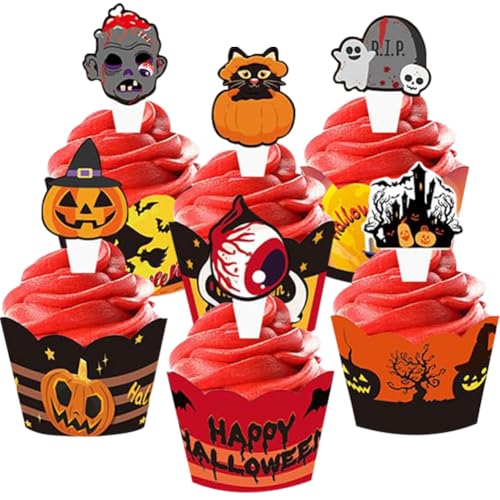 Halloween Cupcake Toppers, 24 Stück Halloween Tortendeko, Theme Party Kuchen Deko Cake Dessert Toppers mit Kürbisse, Kürbis Fledermaus Schädel Geist Spinne von RIUAHST