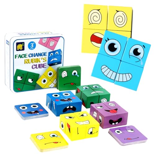 Holzwürfel Puzzle Ausdruckspuzzle Bauwürfel Bunte Zauberwürfel-Bausteine Face-Changing Building Blocks Holz Emoji Spielzeug Geschenk für Kinder ab 3 Jahren von RIUAHST