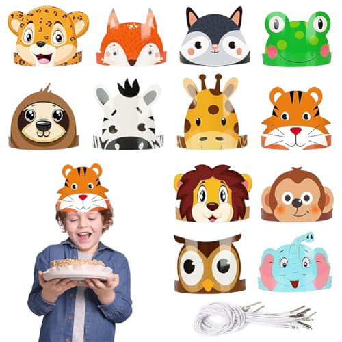 RIUAHST 12 PCS Party-Papierhut Party Hüte Set Tierische Dekoration Hüte Einstellbar Tier Geburtstag Party Hüte Fotorequisiten Zubehör für Kinder Geeignet für Erwachsene und Kinder von RIUAHST