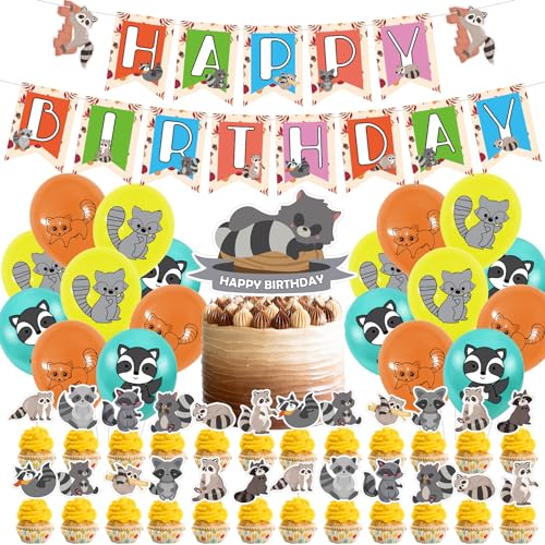 RIUAHST Raccoon Luftballons Geburtstagsfeier Dekorationen Set Raccoon Geburtstag Party Supplies Happy Birthday Banner Ballons Kuchendeckel für Kinder Geburtstag Party Dekor von RIUAHST