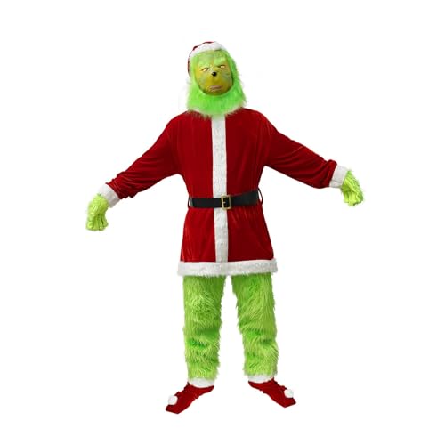 RKK Christmas Costume Green Santa Set for Adults 7Pcs Furry Fancy Dress Outfit Halloween Xmas Funny Cosplay Costume Props(3XL) von RKK