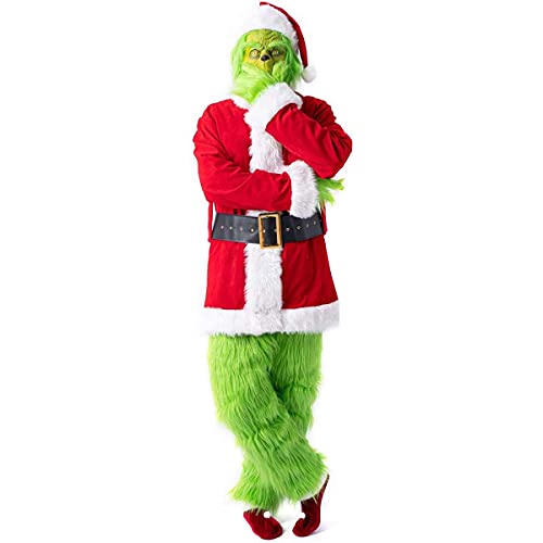 RKK Halloween Weihnachtskostüm Erwachsene Weihnachten 7 Stücke Grün Cosplay Pelzige Outfit Unheimlich Santa Claus Anzug Fleece Velvet Outfit for Männer Frauen Kinder(L) von RKK