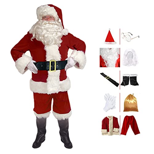 RKK Herren Deluxe Samt Weihnachtsmann Kostüm Erwachsene Weihnachtsanzug 10pcs Xmas Cosplay Outfit(3XL) von RKK