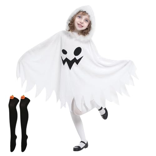 RKK Kinder Mädchen Halloween Kostüm Geist Lächeln Umhang Cape Mit Kapuze Poncho Phantasie Party Cosplay Outfits(L) von RKK