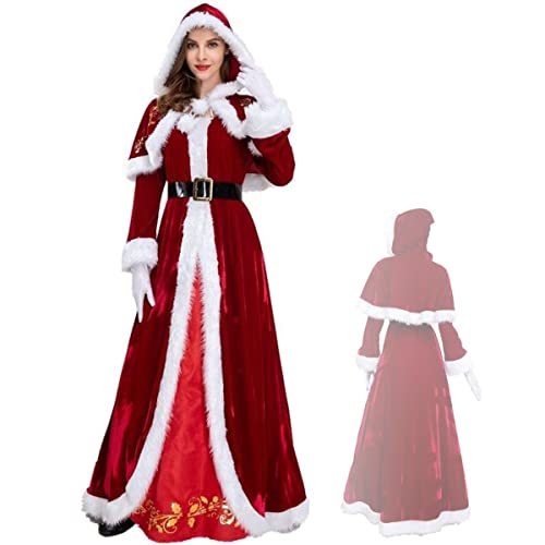 RKK Santa Claus Christmas Costume Womens Santa Suit Xmas Outfits Fancy Dress Costume with Dress Hooded Shawel and Belt(4XL) von RKK