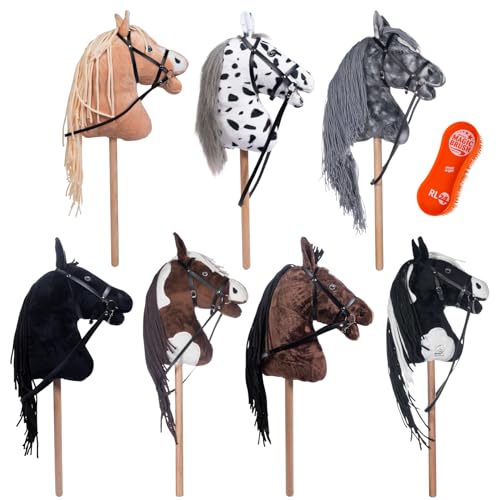 RL24 HKM - Hobby Horse Bobby inkl MagicBrush | Steckenpferd mit Trense | Spielpferd aus Plüsch mit Holzstock & Langer Mähne | Stockpferd ohne Griffe & Rollen | schwarz von RL24