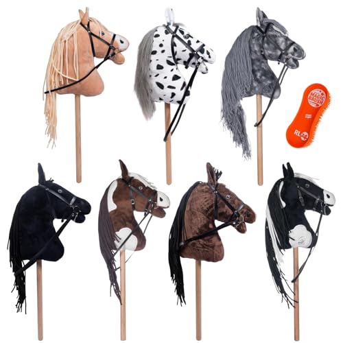 RL24 HKM - Hobby Horse Pepper inkl MagicBrush | Steckenpferd mit Trense | Spielpferd aus Plüsch mit Holzstock & Langer Mähne | Stockpferd ohne Griffe & Rollen | schwarz/weiß von RL24