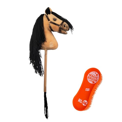 RL24 HKM - Hobby Horse Premium Buckskin – Steckenpferd mit Trense – Spielpferd aus Plüsch mit Holzstock & Langer Mähne – Stockpferd ohne Griffe & Rollen – Hobby Horse Pferde – Hellbraun von RL24