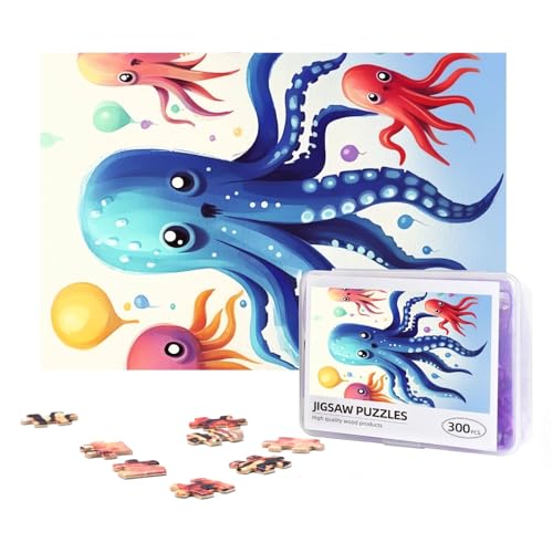 Bunte Tintenfisch-Oktopus-Puzzles, 300 Teile, personalisiertes Puzzle, Holz-Fotopuzzle für Erwachsene, Familienbild, Puzzle, Geschenke für Hochzeit, Geburtstag, Valentinstag, Geschenke, 38,1 x 25,9 cm von RLDOBOFE