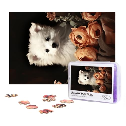 Ein weißer Hund sitzt neben einer Blume, 300 Teile, personalisiertes Puzzle, Holzfotopuzzle für Erwachsene, Familienbild, Puzzle, Geschenke für Hochzeit, Geburtstag, Valentinstag, Geschenke, 38,1 x von RLDOBOFE