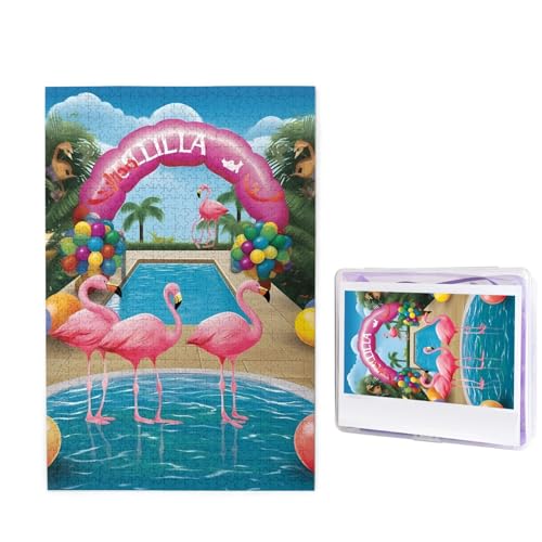 Flamingo und Schwimmbad 1 Puzzle, 1000 Teile, personalisiertes Puzzle für Erwachsene, personalisiertes Bild mit Aufbewahrungstasche, Holzfotos, Puzzle für Familie, Heimdekoration (50 x 74,9 cm) von RLDOBOFE