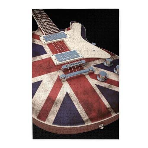 Gitarren-Puzzle, britische Flagge, 1000 Teile, personalisierbar, Holz-Fotopuzzle für Erwachsene, Familie, Bild, Puzzle, Geschenke für Hochzeit, Geburtstag, Valentinstag, Geschenke (74,9 x 50 cm) von RLDOBOFE