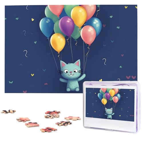 Katzen- und Ballon-Puzzle, 1000 Teile, personalisierbar, Holz-Fotopuzzle für Erwachsene, Familie, Bilderpuzzle, Geschenke für Hochzeit, Geburtstag, Valentinstag, Geschenke (74,9 x 50 cm) von RLDOBOFE