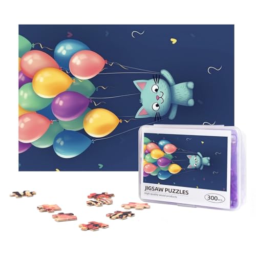 Katzen- und Ballon-Puzzles, 300 Teile, personalisierbar, Holzfotopuzzle für Erwachsene, Familienbild, Puzzle, Geschenke für Hochzeit, Geburtstag, Valentinstag, Geschenke, 38,1 x 25,9 cm von RLDOBOFE