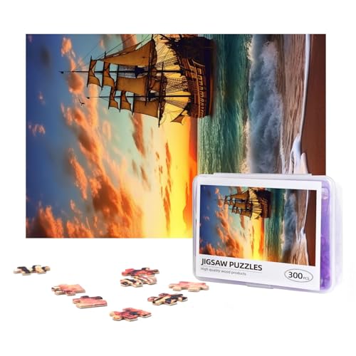 Piratenschiff im Sonnenuntergang Puzzles 300 Teile Personalisierte Puzzles Holz Fotopuzzle für Erwachsene Familie Bild Puzzle Geschenke für Hochzeit Geburtstag Valentinstag Geschenke 38,1 x 25,9 cm von RLDOBOFE