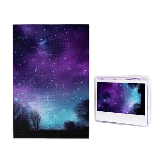 Purple Starry Sky1 Puzzles, 1000 Teile, personalisiertes Puzzle für Erwachsene, personalisiertes Bild mit Aufbewahrungstasche, Holzfotos, Puzzle für Familien-Heimdekoration (50 x 74,9 cm) von RLDOBOFE