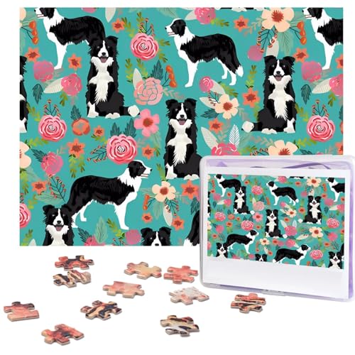 Puzzle 500 Teile Border Collie Florals Puzzle Holz Fotopuzzle für Erwachsene Personalisiertes Bilderpuzzle Klassisches Puzzle für Familie Hochzeit Geburtstag Valentinstag Geschenke 51,8 x 38,1 cm von RLDOBOFE